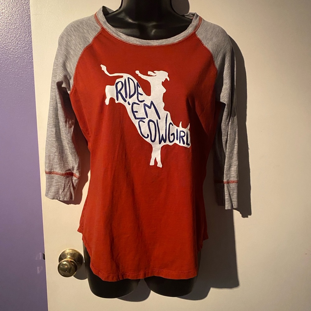 Ariat Orange and Gray 3/4 Sleeve Tee with Rodeo Graphic